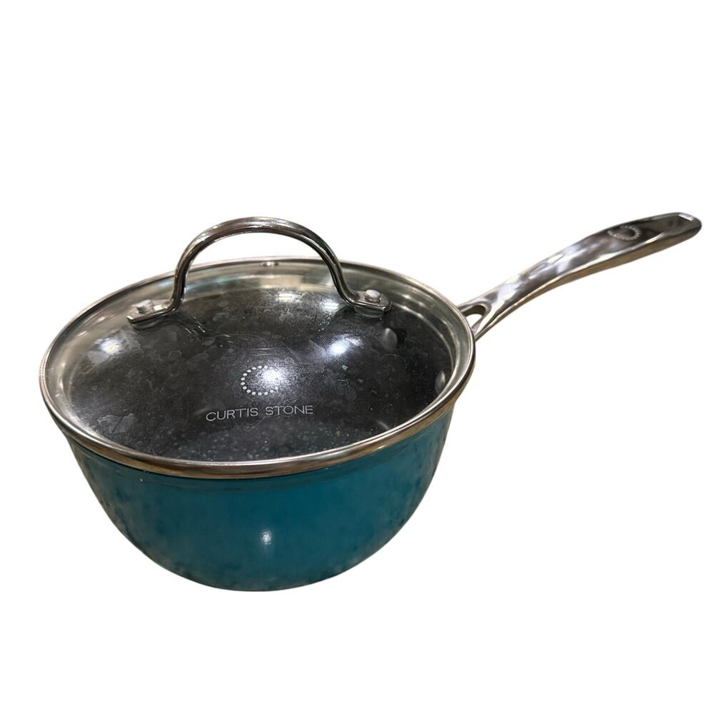 Curtis Stone Small 1.3qt Saucepan Dura Pan With Lid & Handle in Turquoise Blue